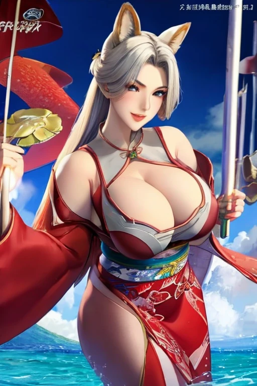 ８ｋ、masterpiece、Bust Shot、Front view、Silver blonde long hair、２０Beauty of the year、Fox Ears、Sensual body、Cunning Smile、Seductive lips、Watery eye、Hot cheeks、Huge breasts、着物からこぼれるHuge breasts、Exposed shoulders、Cleavage、Glamour body、The body that men like、Japanese geisha in kimono