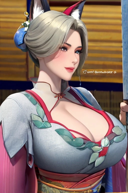 8k、masterpiece、Bust Shot、Front view、Silver blonde long hair、20Beauty of the year、Fox Ears、Sensual body、Cunning Smile、Seductive lips、Watery eye、Hot cheeks、Huge breasts、着物からこぼれるHuge breasts、Exposed shoulders、Cleavage、Glamour body、The body that men like、Japanese geisha in kimono