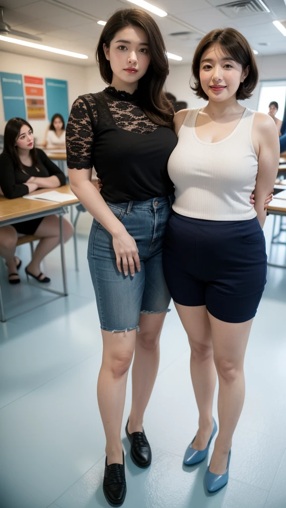 8K resolution,Two tall beauties in lake blue skinny shorts,Small white vest,Small white shoes,Plump buttocks,Very obese and obese body,Pear-shaped body,beautiful weather,at class room,Full body photo of standing,Classic art photographs,The face is clear and detailed,There are close-ups