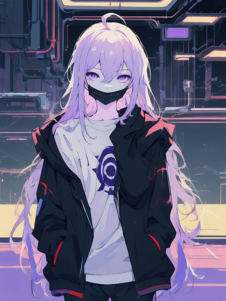 ((masterpiece)), (best quality), ((highres)), 4K, Detailed, (Ambient Light, Digital Art, Soft Lighting, extremely detailed 8K wallpaper:1.2), BREAK 1girl, solo, pale skin, violet eyes, violet hair, ahoge, (absurdly long hair:1.1), flat chest, cyberpunk scenery, black jacket, pants, shirt, night, hand in pocket, looking at viewer, hair between eyes, expressionless, rtx, neon light, black medical mask