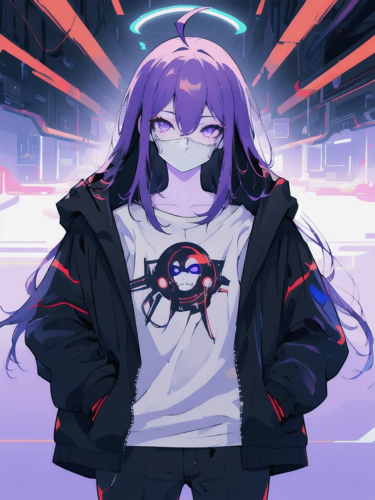 ((masterpiece)), (best quality), ((highres)), 4K, Detailed, (Ambient Light, Digital Art, Soft Lighting, extremely detailed 8K wallpaper:1.2), BREAK 1girl, solo, pale skin, violet eyes, violet hair, ahoge, (absurdly long hair:1.1), flat chest, cyberpunk scenery, black jacket, pants, shirt, night, hand in pocket, looking at viewer, hair between eyes, expressionless, rtx, neon light, black medical mask