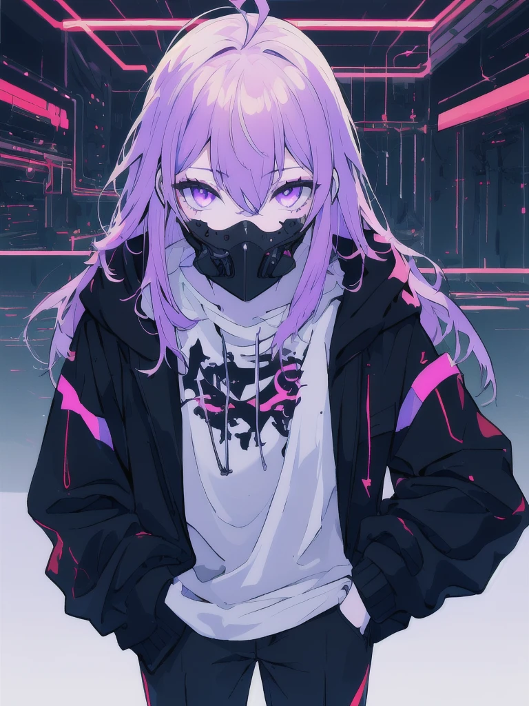 ((masterpiece)), (best quality), ((highres)), 4K, Detailed, (Ambient Light, Digital Art, Soft Lighting, extremely detailed 8K wallpaper:1.2), BREAK 1girl, solo, pale skin, violet eyes, violet hair, ahoge, (absurdly long hair:1.1), flat chest, cyberpunk scenery, black jacket, pants, shirt, night, hand in pocket, looking at viewer, hair between eyes, expressionless, rtx, neon light, black medical mask