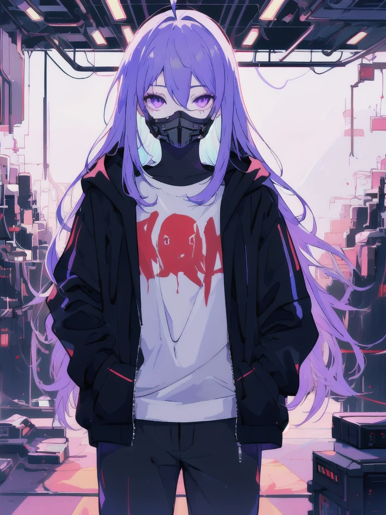 ((masterpiece)), (best quality), ((highres)), 4K, Detailed, (Ambient Light, Digital Art, Soft Lighting, extremely detailed 8K wallpaper:1.2), BREAK 1girl, solo, pale skin, violet eyes, violet hair, ahoge, (absurdly long hair:1.1), flat chest, cyberpunk scenery, black jacket, pants, shirt, night, hand in pocket, looking at viewer, hair between eyes, expressionless, rtx, neon light, black medical mask