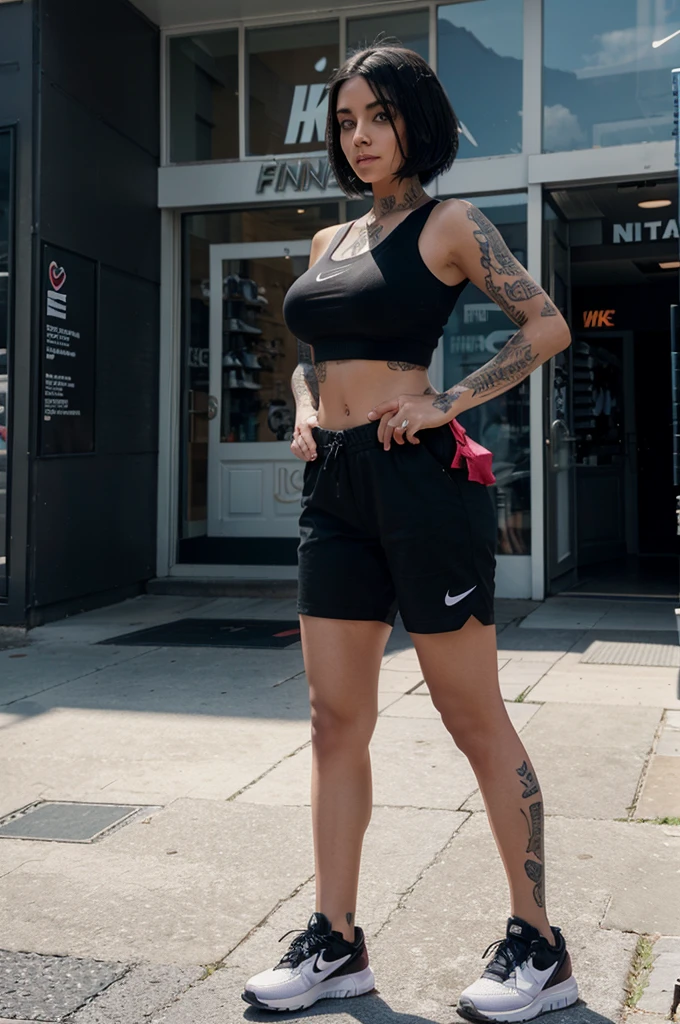 beautiful young girl, big breasts, standing with short black hair, all tattooed, wearing Nike sneakers, in front of a shoe store called "fantom", looking a little to the side, ultra realistic image, 8k, brightness mid-dusk sun, professional camera effects