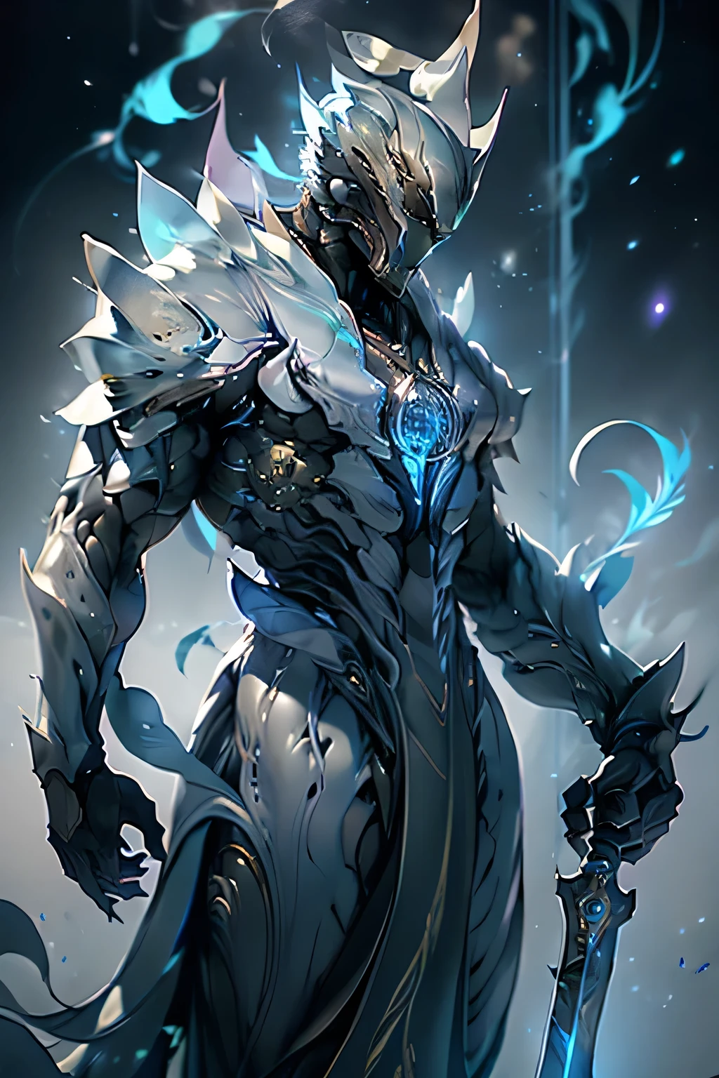 A beautifully detailed image,Depicts a magic sword lying on a table, Exudes magical energy. Blade, Sparkling Soft, Cold Light, Bends and twists when stretched from one hand to the other, Create a fascinating, Blue flame swirling ethereal trail. The surrounding rooms are bathed in warmth, White glow, Casts a cold glow on an item. Macro lens, Prime Time, Soft lighting