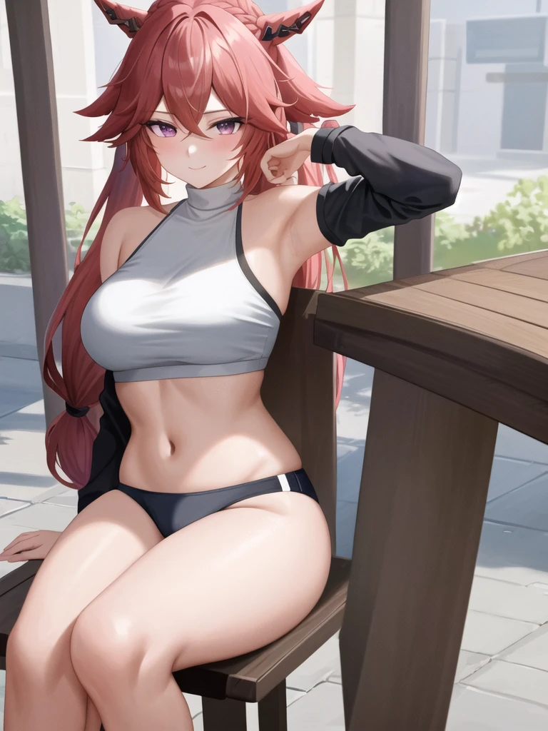 (masterpiece, best quality, ultra-detailed), keqing \(genshin impact\), (red hair), cone hair bun, twin tails, long hair, swept bangs, braid, braided bangs, purple eyes, pink eyes,
(wearing a t-shirt:1.2), sitting on a chair outside of caf, embracing the natural beauty, sunlight, beautiful cloudy sky, city, street, denim shorts, black stocking,
medium breasts, thick thighs, critical angle, cowboy shot, arm behind head, arm behind back, armpits, light smile, crop top, strong and seductive expressions,,camel toe, กางเกงในสีขาวและแดง, sexy women,