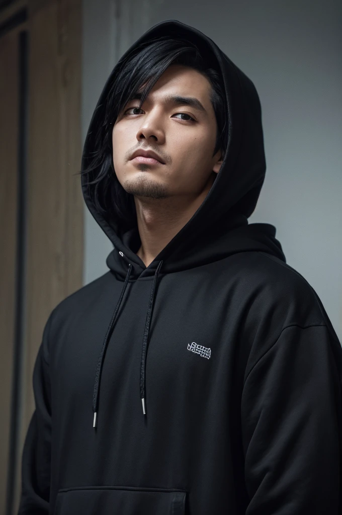 A gloomy man with a hoodie and black hair, looking down to the side