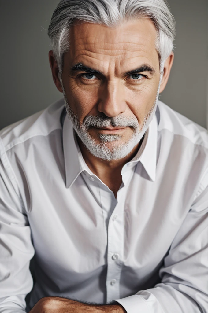 Man with gray hair wairing white shirt