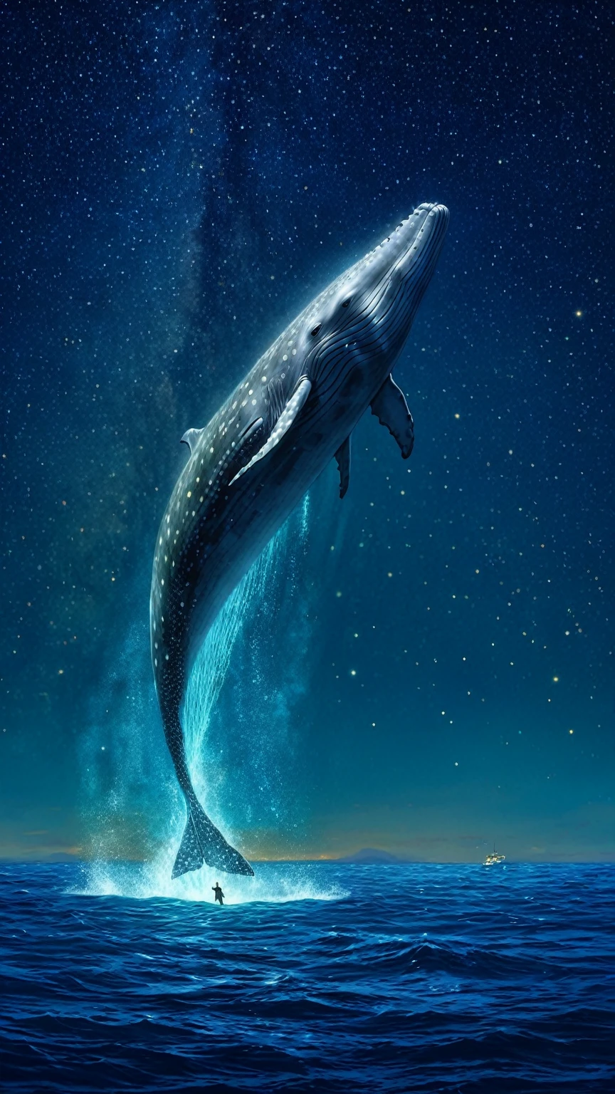 A giant gray whale leaps out of the sea of stars, Geomagnetic storm, night, Starry sky sea, A giant gray whale floating in the starry sky, Jean＝Baptiste Monge, Anthropomorphic 、 Optimistic;  