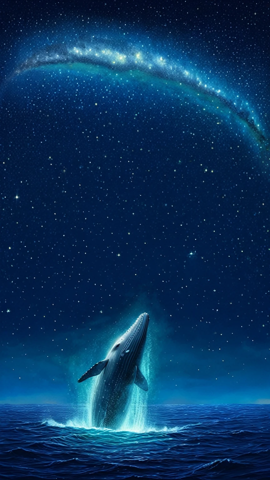 A giant gray whale leaps out of the sea of stars, Geomagnetic storm, night, Starry sky sea, A giant gray whale floating in the starry sky, Jean=Baptiste Monge, Anthropomorphic 、 Optimistic;