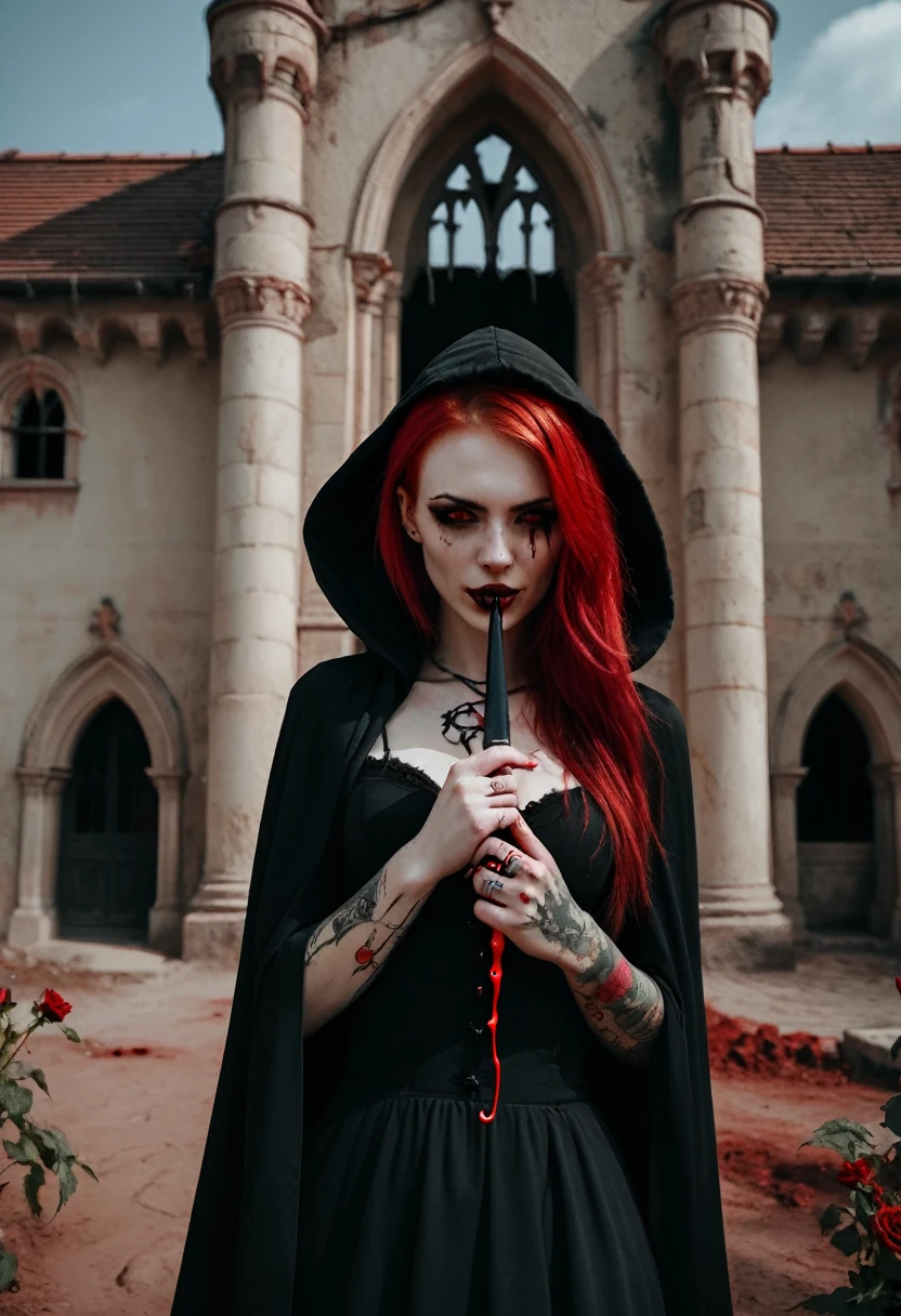 Daniela is a vampire girl has red hair, yellow eyes, very pale, blood around her mouth, she has a sadistic smile, she wears a long black dress with hood and a cape. Behind his back and a flower tattoo on his forehead with the sign of the House Dimitrescu. She holds a sickle in her hand. It is inside a beautiful castle [Woman] [Beautiful] [Vampire] [Black dress] [Blood around her mouth] [Very pale skin] [Inside a beautiful castle] [she has tattoos on her forehead] [Tattoo forehead] [She holds a sickle in her hand] [Red hair]