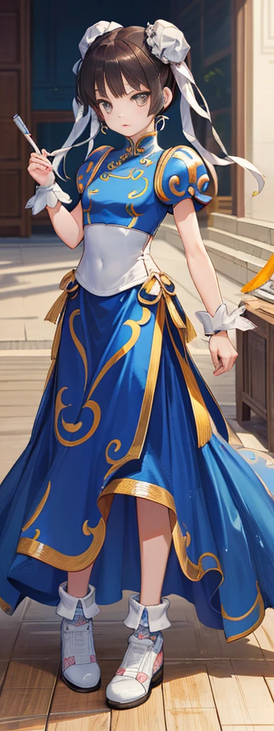 chun-li,((masterpiece)), ((best quality)), ((ultra detailed)), ((kawaii)), cute, (lovely), ((extremely detailed)), ((8K)), (beautiful),flat breast, tiny breast,full body