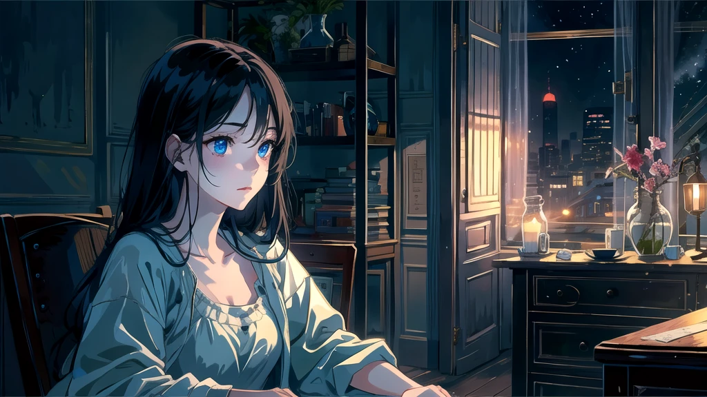 Create an illustration of a girl with black hair and blue eyes, sitting in a chair in front of a desk, Sentimental, Introspective look。, The moonlight gently shines into the room, Gently illuminate the space, Curtains sway in the wind, Increase tranquility, Dark mood, Emphasise the theme of loneliness, silence, And the depths of night, The room is dark、dimly lit by the moonlight