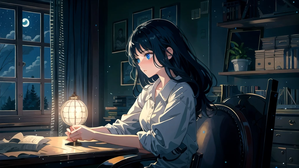 Create an illustration of a girl with black hair and blue eyes, sitting in a chair in front of a desk, Sentimental, Introspective look。, The moonlight gently shines into the room, Gently illuminate the space, Curtains sway in the wind, Increase tranquility, Dark mood, Emphasise the theme of loneliness, silence, And the depths of night, The room is dark、dimly lit by the moonlight