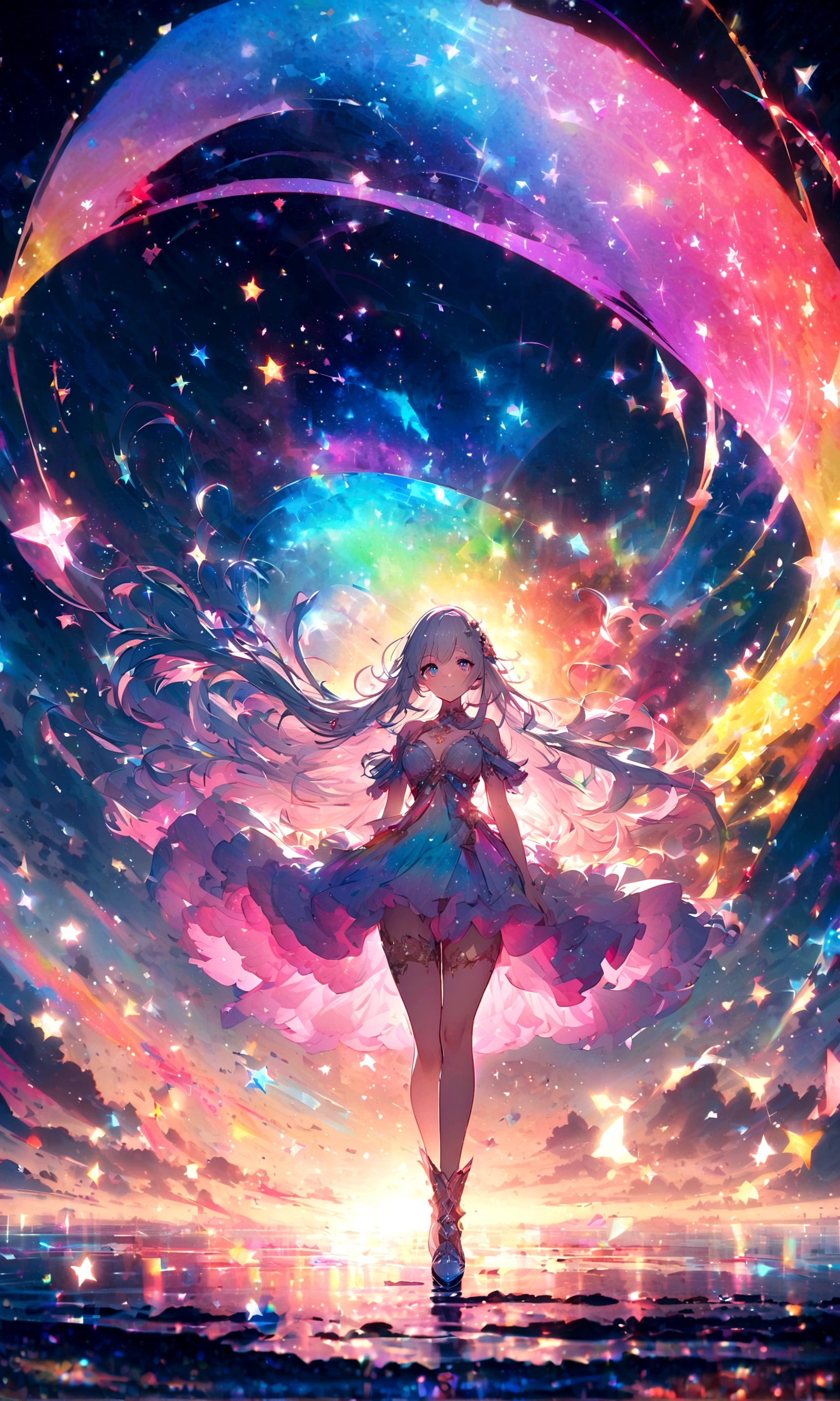 anime style, 8k, top quality, Masterpiece, super detailed,A vibrant illustration of a beautiful fantasy girl, with long flowing hair, standing in a sparkling, magical landscape. The background features floating particles of vivid light and colorful effects resembling stars and rainbows. Her eyes reflect the cosmos, filled with stars. Created Using: bright and cheerful color palette, soft lighting effects, detailed rendering, eyes capturing the universe, hd quality, natural look,light gradation ,lens flare , glitter , glow ,