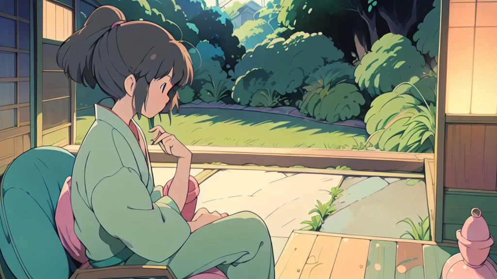 An old anime character sitting sitting in the terasse of an old japanese house, chilling at the view of her garden. summer chill vibes. The colors are soft and pastel, with soft lighting and a nostalgic ambiance, Lo-Fi, , cute girl, side view, wide view, japanese beauty, beutiful girl.