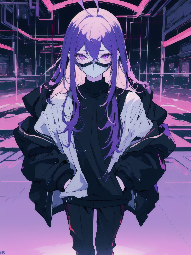 ((masterpiece)), (best quality), ((highres)), 4K, Detailed, (Ambient Light, Digital Art, Soft Lighting, extremely detailed 8K wallpaper:1.2), BREAK 1girl, solo, pale skin, violet eyes, violet hair, ahoge, (absurdly long hair:1.1), flat chest, cyberpunk scenery, black jacket, pants, shirt, night, hand in pocket, looking at viewer, hair between eyes, expressionless, rtx, neon light, black medical mask