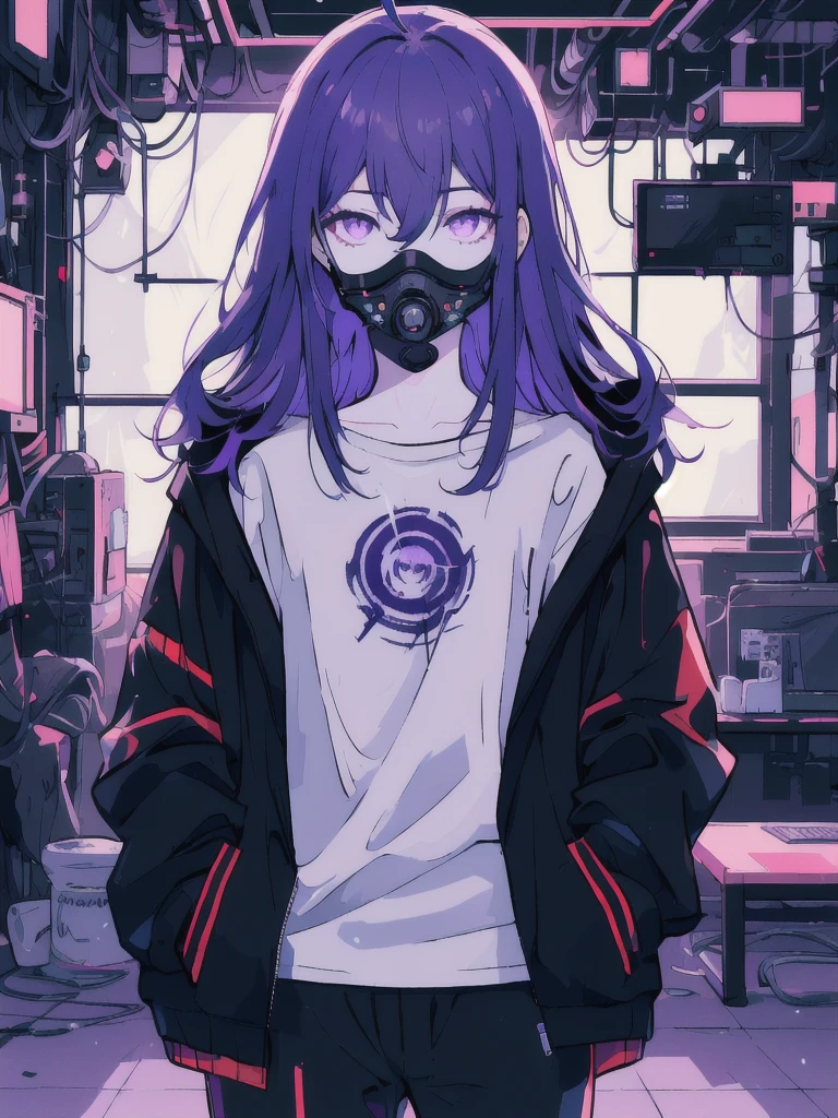 ((masterpiece)), (best quality), ((highres)), 4K, Detailed, (Ambient Light, Digital Art, Soft Lighting, extremely detailed 8K wallpaper:1.2), BREAK 1girl, solo, pale skin, violet eyes, violet hair, ahoge, (absurdly long hair:1.1), flat chest, cyberpunk scenery, black jacket, pants, shirt, night, hand in pocket, looking at viewer, hair between eyes, expressionless, rtx, neon light, black medical mask