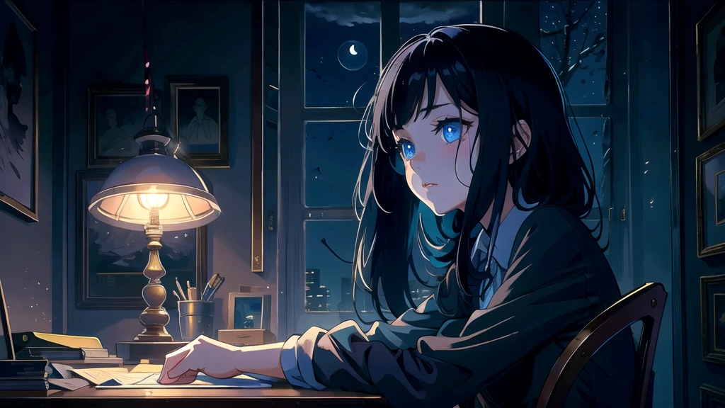 Create an illustration of a girl with black hair and blue eyes, sitting in a chair in front of a desk, Sentimental, Introspective look。, The moonlight gently shines into the room, Gently illuminate the space, Curtains sway in the wind, Increase tranquility, Dark mood, Emphasise the theme of loneliness, silence, And the depths of night, The room is dark、dimly lit by the moonlight
