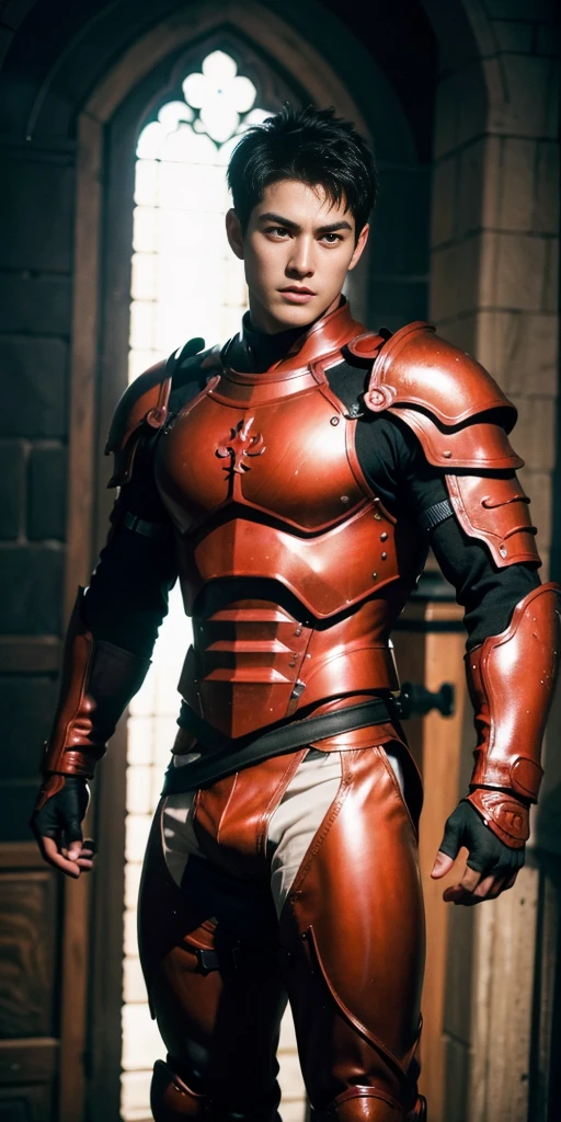 超High resolution, Highest quality, photograph, 4K, (photographrealistic: 1.4), Cinema Lighting, (上半身裸のMuscular man), Abs in Medieval Crimson Armor, Muscular man, A man wearing crimson medieval armour on his lower body, Environment Cyberpunk, cathedral, Portal of the future, 3D light, High resolution, magic, light god, Backlight, Detailed face, Contrasting, Smooth Skin, Soft hands, Correct Anatomy, Five Fingers.