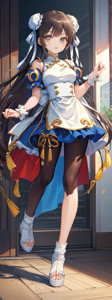chun-li,((masterpiece)), ((best quality)), ((ultra detailed)), ((kawaii)), cute, (lovely), ((extremely detailed)), ((8K)), (beautiful),flat breast, tiny breast,full body