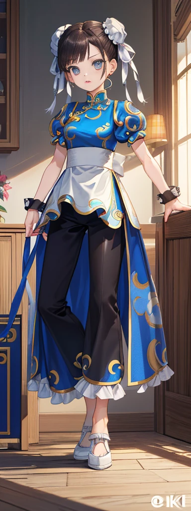 chun-li,((masterpiece)), ((best quality)), ((ultra detailed)), ((kawaii)), cute, (lovely), ((extremely detailed)), ((8K)), (beautiful),flat breast, tiny breast,full body