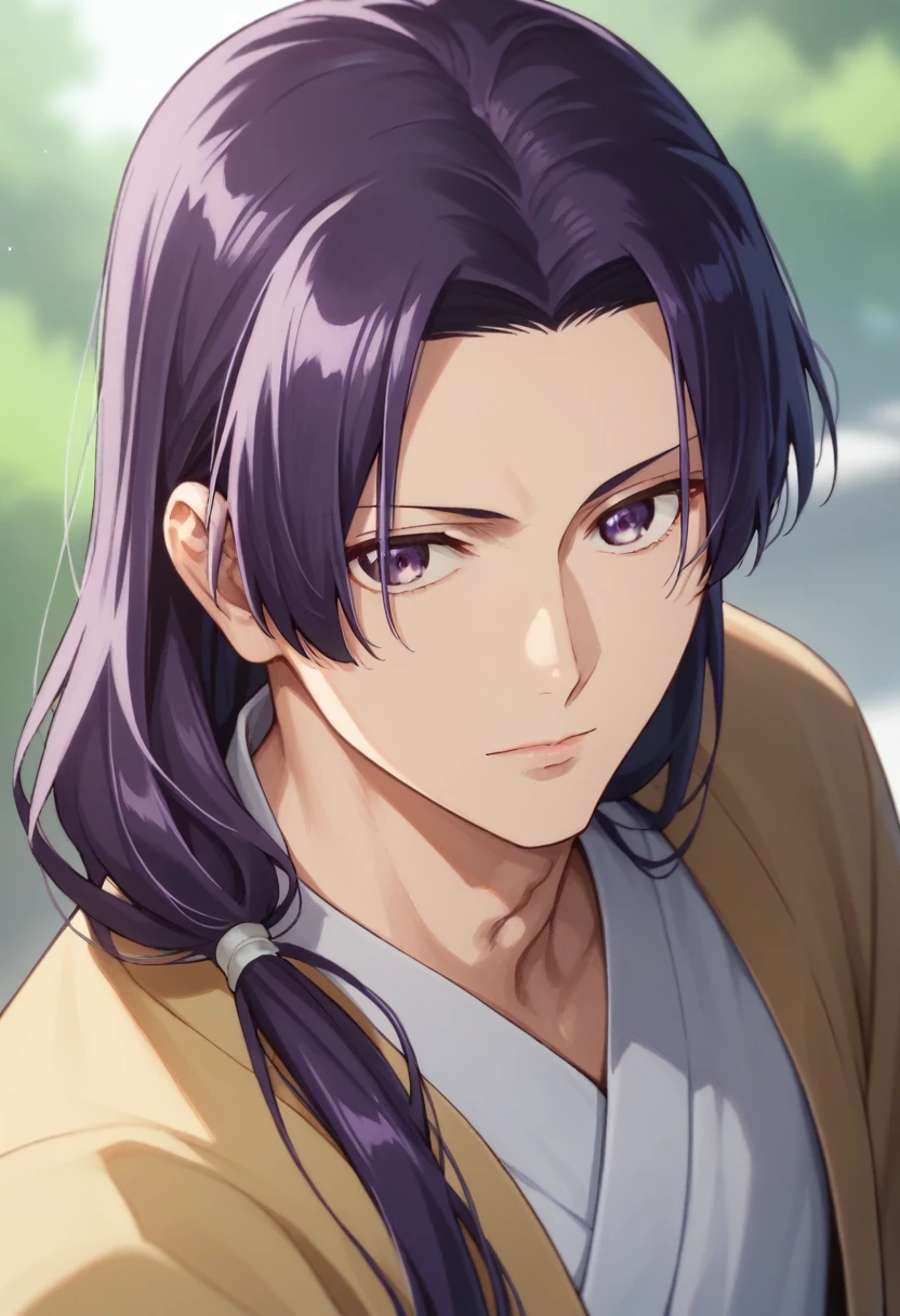 jinshi, long hair, purple hair, purple eyes, parted bangs, looking at viewer, low ponytail, solo, blurry background, 1boy, BREAK score_9, score_8_up, score_7_up, score_6_up, anime