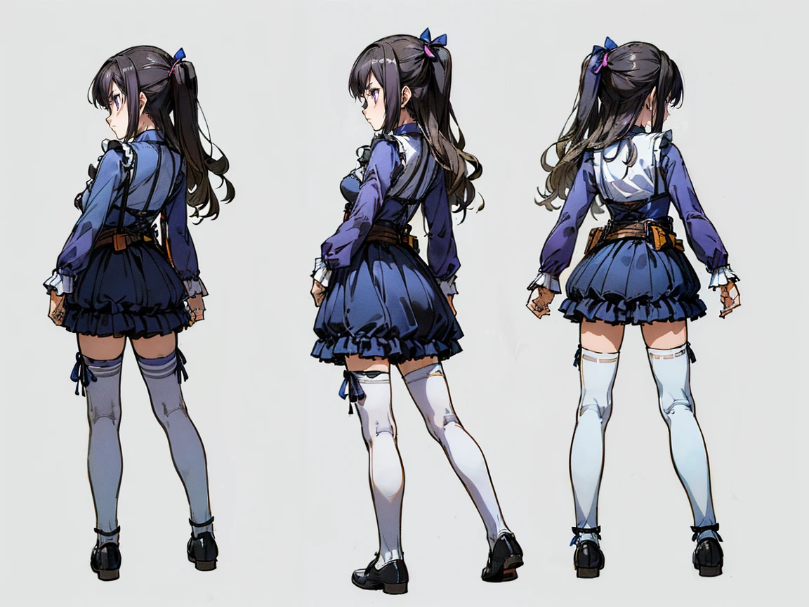 (((three-sided view, front view, side view, back view, multiple views, multiple poses and expressions, many parts)), concept art, character concept art, character sheet, Full body, illustration, (simple background, gray background), 1 character, 1girl, fantasy art:1.1), (reo mikage:0.7), blue lock, girls with((black hair, bangs, (one side up, long wavy hair, ribbon:1.55), perfect hands, perfect fingers, (exposed breasts, tits cleavage, breasts close up:1.2), dress((suspenders, dress, belt, nun:1.15), (blue clothes, frills shirt, no sleeves, sleeveless, frills panniers, long sleeves, white legwear, thighhighs, single thighhighs, single legwear, black footwear, strap shoes:1.42))