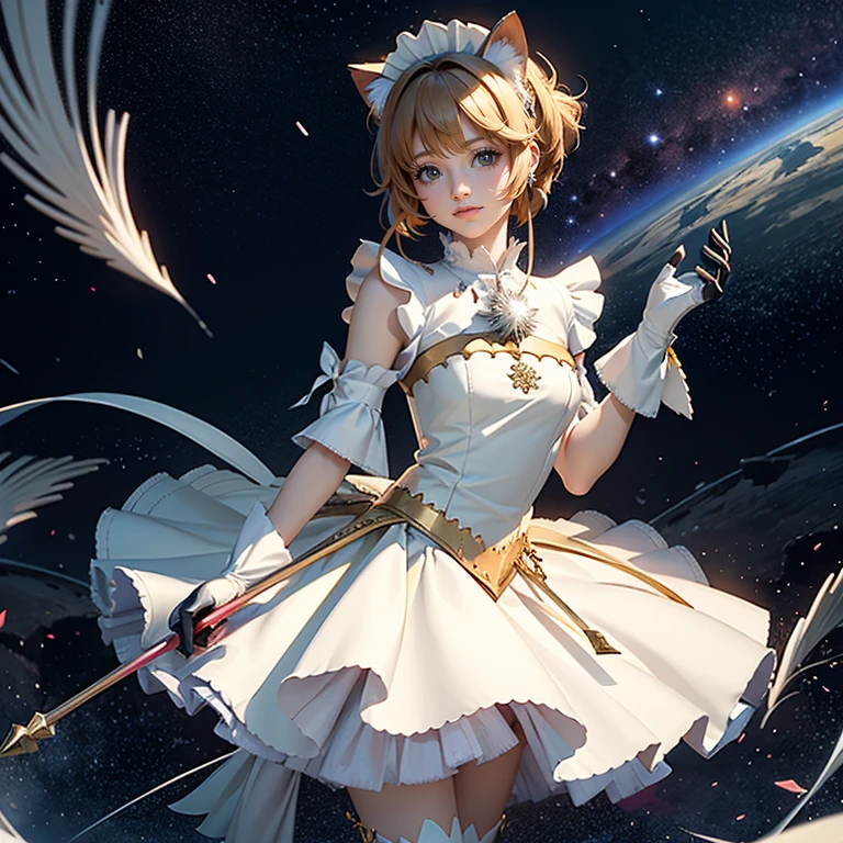 1girl, white maid dress, jewelry, green hair, flowing hair, short hair, maid dress with a short skirt and layers, white laces, white boots, white dress with transparency, gold details on her clothes, cat ears, animal ears,  more details, perfectly body, perfectly hands, two hands, two legs, two arms, five fingers, glowing hair, best quality, cat ears, animal ears, tail ornament, tail bow, white gloves, two cat tail, white gloves, alone, maid headdress, choker, detached sleeves, maid dress, maid white dress, strapless, masterpeice, best quality, detailed face, night, asymmetrical gloves, bangs, white short skirt , white gloves, white boots, earrings, elbow gloves, fishnet thighhighs, fishmasterpeice, solo, best quality, detailed face, gloves, green eyes, green hair, hair between eyes, jewelry, long hair, looking at viewer, single earring, sky, sleeveless, solo, thigh boots, thighhighs, tongue, tongue out, uneven gloves, cat ears, animal ears, cat tail, , solo, alone, Looking at the viewer, More details on the clothes, magenta roses on her hair, space scenery, maid, maid dress, magenta details, magenta roses, maid headdress, maid apron, wave hair, short hair, seat on the Saturn rings, bats details on her clothes, more details on her clothes, gold details on her clothes, space, smiling, standing her hand to a viewer, looking at the viewer, in the background a several asteroids glowing with fiery auras, Dramatic lighting from distant stars and planets illuminates the scene, looking at the vast and mysterious universe, cowboy shot, upper body portrait, more details, sparkle,