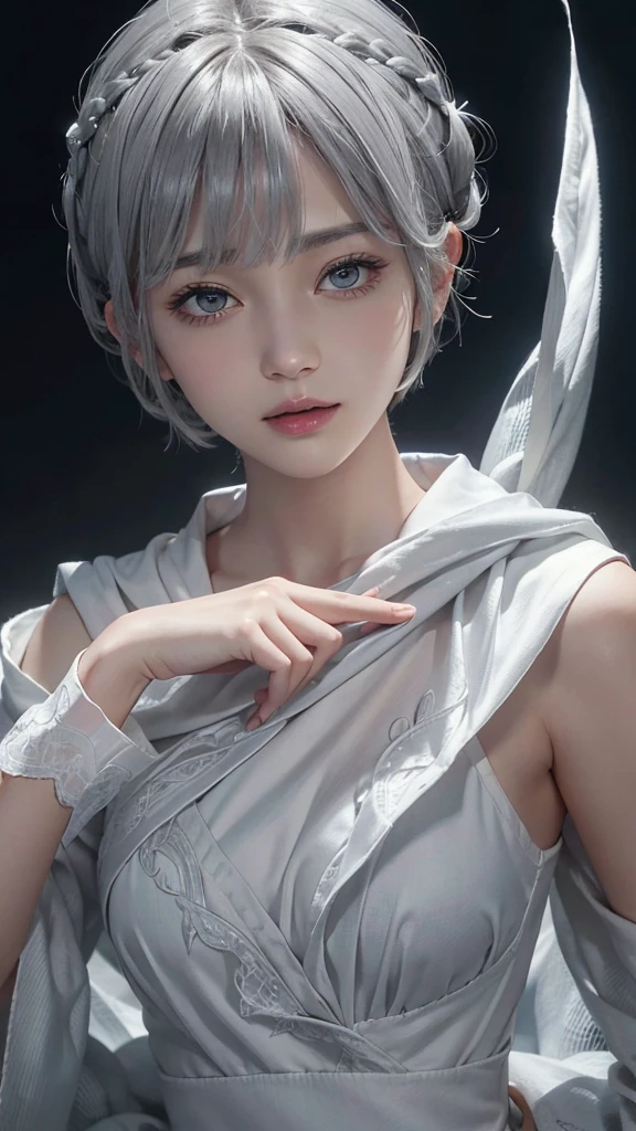 (Surreal)、(Awareness-raising)、(High resolution)、(8K)、(Very detailed)、(Best illustrations)、(Beautiful and detailed eyes)、(Highest quality)、(Ultra-detailed)、(masterpiece)、(wallpaper)、(Detailed face)、solo、One Girl、View your viewers、Fine details、Detailed face、Dark Night、Deep Shadow、Low Key、Pure Erotic Face Ace_v1、Laughter、Pixie Cut、White shawl、46 point diagonal bangs、Gray Hair