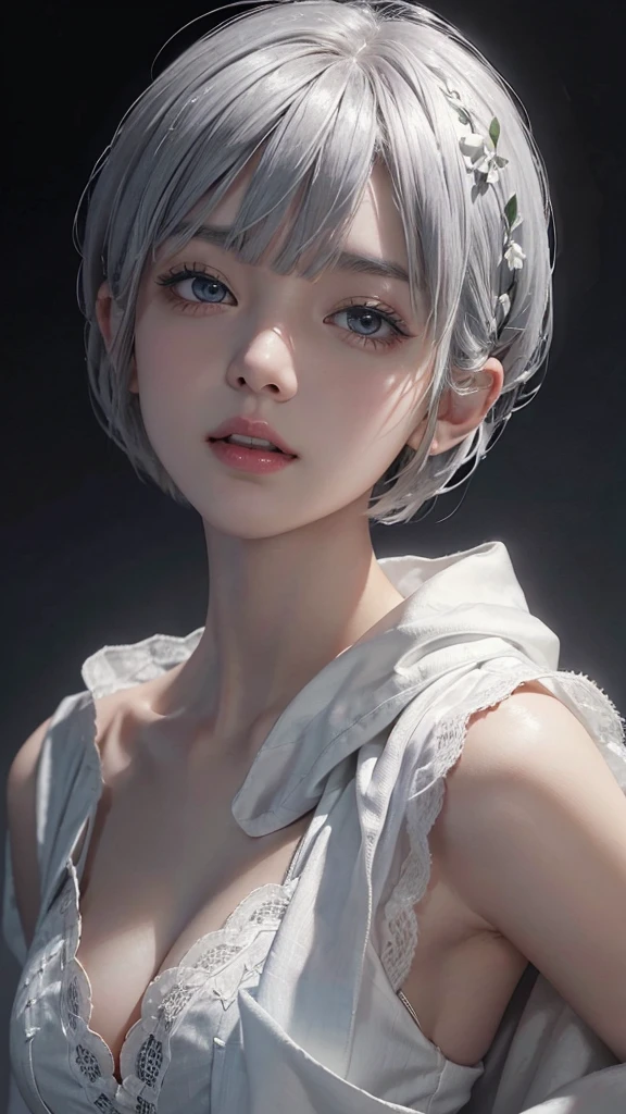 (Surreal)、(Awareness-raising)、(High resolution)、(8K)、(Very detailed)、(Best illustrations)、(Beautiful and detailed eyes)、(Highest quality)、(Ultra-detailed)、(masterpiece)、(wallpaper)、(Detailed face)、solo、One Girl、View your viewers、Fine details、Detailed face、Dark Night、Deep Shadow、Low Key、Pure Erotic Face Ace_v1、Laughter、Pixie Cut、White shawl、46 point diagonal bangs、Gray Hair