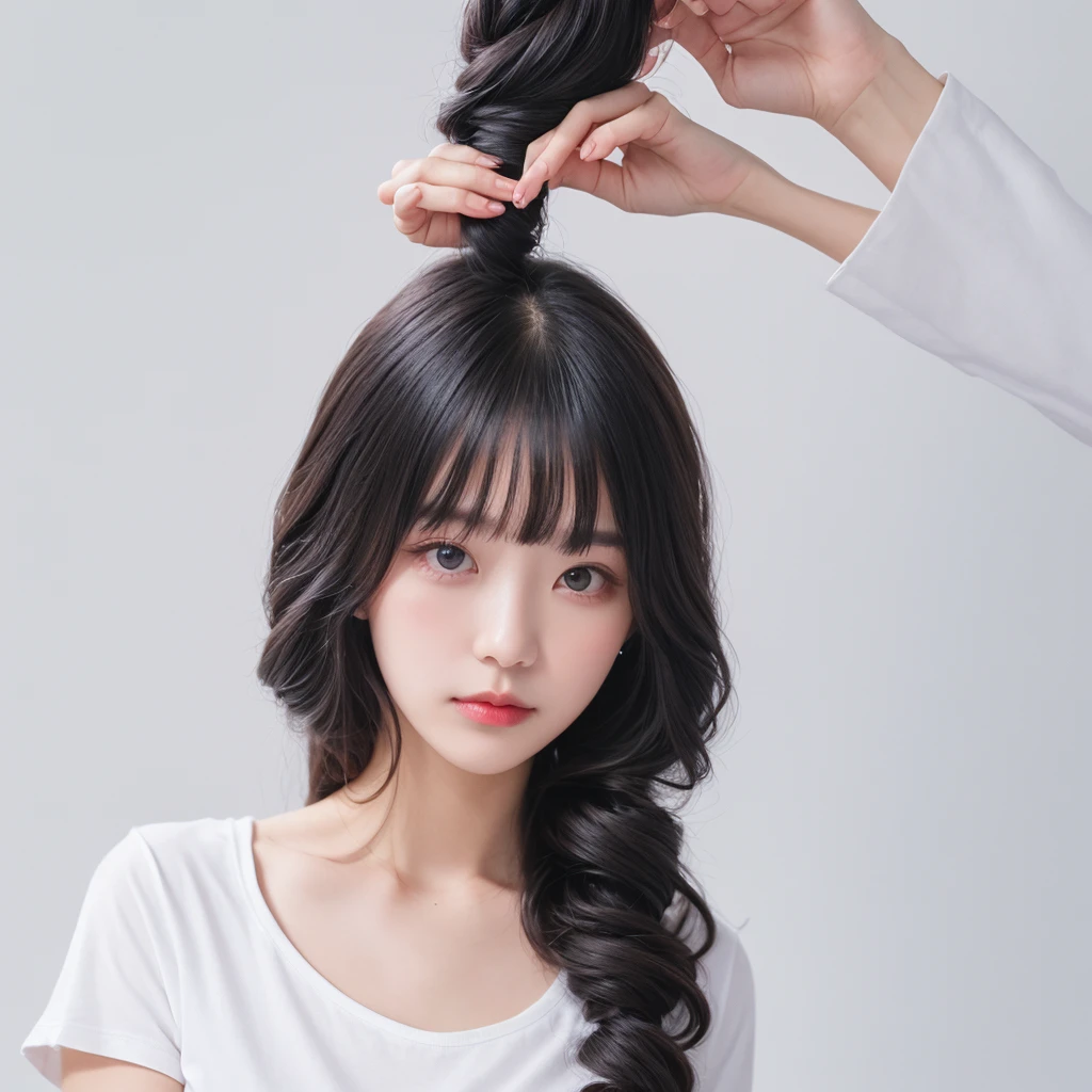 woman, body hairstyle, long style, bob length, soft curl, integrated into face line bangs, black hair, Nikon Z7 II Mirrorless Camera, 120mm F/4 wide-angle lens, best quality, masterpiece, ultra detailed, flowing, 3dmm, ink sketch, color ink, ink rendering, octane render, pastels, clear face, full hairstyle, white background, only show face and neck, white t-shirt, Like a passport photo, the face is centered and looking directly forward.