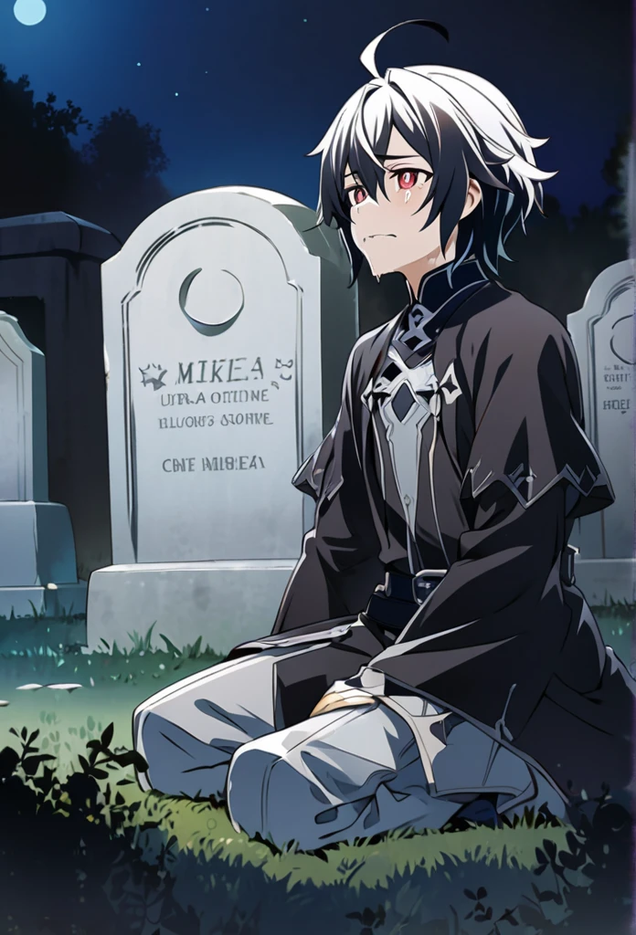 Hyakuya Mikaela \(Sword Art Online\), short black hair, ruby red eyes:1.2, dark costume, bangs, tearful eyes, ((ultra-detailed)), ((illustration)), ((neat hair)), (beautiful detailed eyes), male, 1boy, kneeling, singing sadly, ((in front of a tombstone, night))