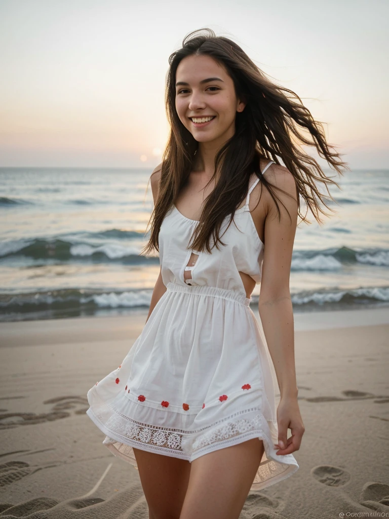 Photorealistic, Best quality, hyper detailed, Natural amateur shot, ( Girl with a guy) , beautiful slender young, 1st girl,  black hair, 2nd brunette, mi long hairhair, action SHOT, wear summer dresses, whole body, on the beach, on open air, Evening, (Concentrated), very nice smiles, skin texture with cheerful 30G   , Ultra high resolution, best shadow, RAW, instagram LUT