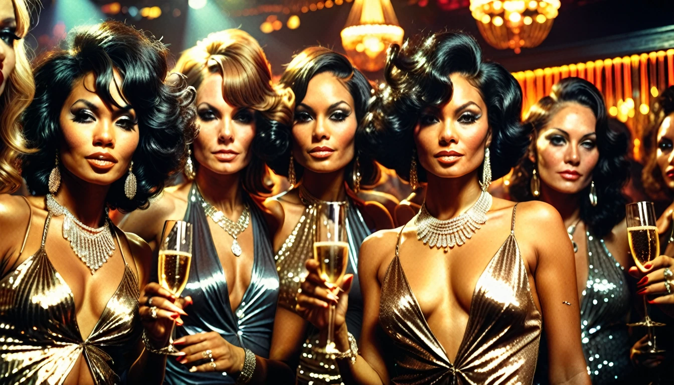 1970s photo of multiple beautiful multiracial women in sexy 1970s gangster attire, they are wearing diamond jewelry, they are in the vip section of a crowded nightclub holding champagne, cinematic action, cinematic lighting, backlighting, masterpiece, anatomically correct, textured skin, super detail, 8k atmospheric perspective, depth of field,