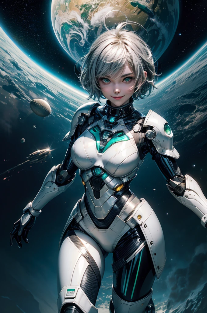 Perfect human body modeling, 1girl, beautiful girl, cute girl and idol face, young face, smile, ahoge and short bob cut and shiny silver hair, , hair, beautiful green eyes, medium breasts, shiny white skin, ears in robot style, black powered armor, full armor, powered leg, Space suits, planetary exploration