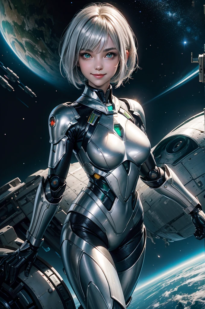 Perfect human body modeling, 1girl, beautiful girl, cute girl and idol face, young face, smile, ahoge and short bob cut and shiny silver hair, , hair, beautiful green eyes, medium breasts, shiny white skin, ears in robot style, black powered armor, full armor, powered leg, Space suits, planetary exploration