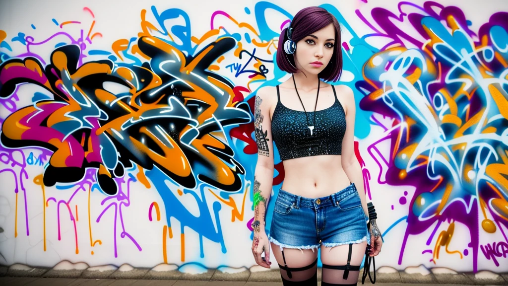 work of art, best qualityer, 1 girl, standing alone, Top cropped com top cropped, Shorts jeans, necklase, (graffit:1.5), ink spatter, Arms to cheeks, against the wall, Looking at the audience, clamps, thigh straps, blackstockings, paint on the body, tilt your head, tedious, cabelo roxo, water eyes, earbuds,