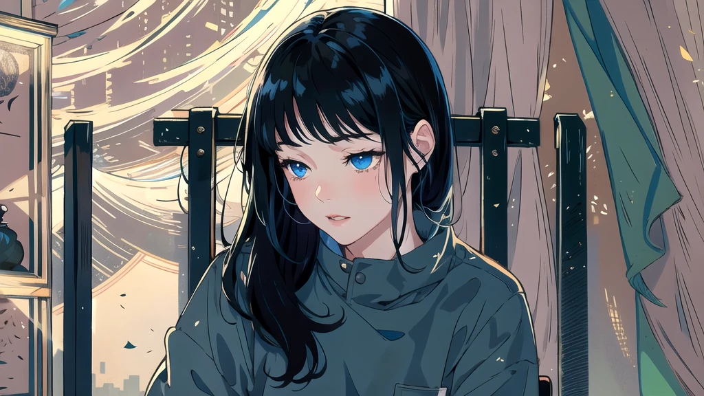 Create an illustration of a girl with black hair and blue eyes, sitting in a chair in front of a desk, Sentimental, Introspective look。, The moonlight gently shines into the room, Gently illuminate the space, Curtains sway in the wind, Increase tranquility, Dark mood, Emphasise the theme of loneliness, silence, And the depths of night, The room is dark、dimly lit by the moonlight