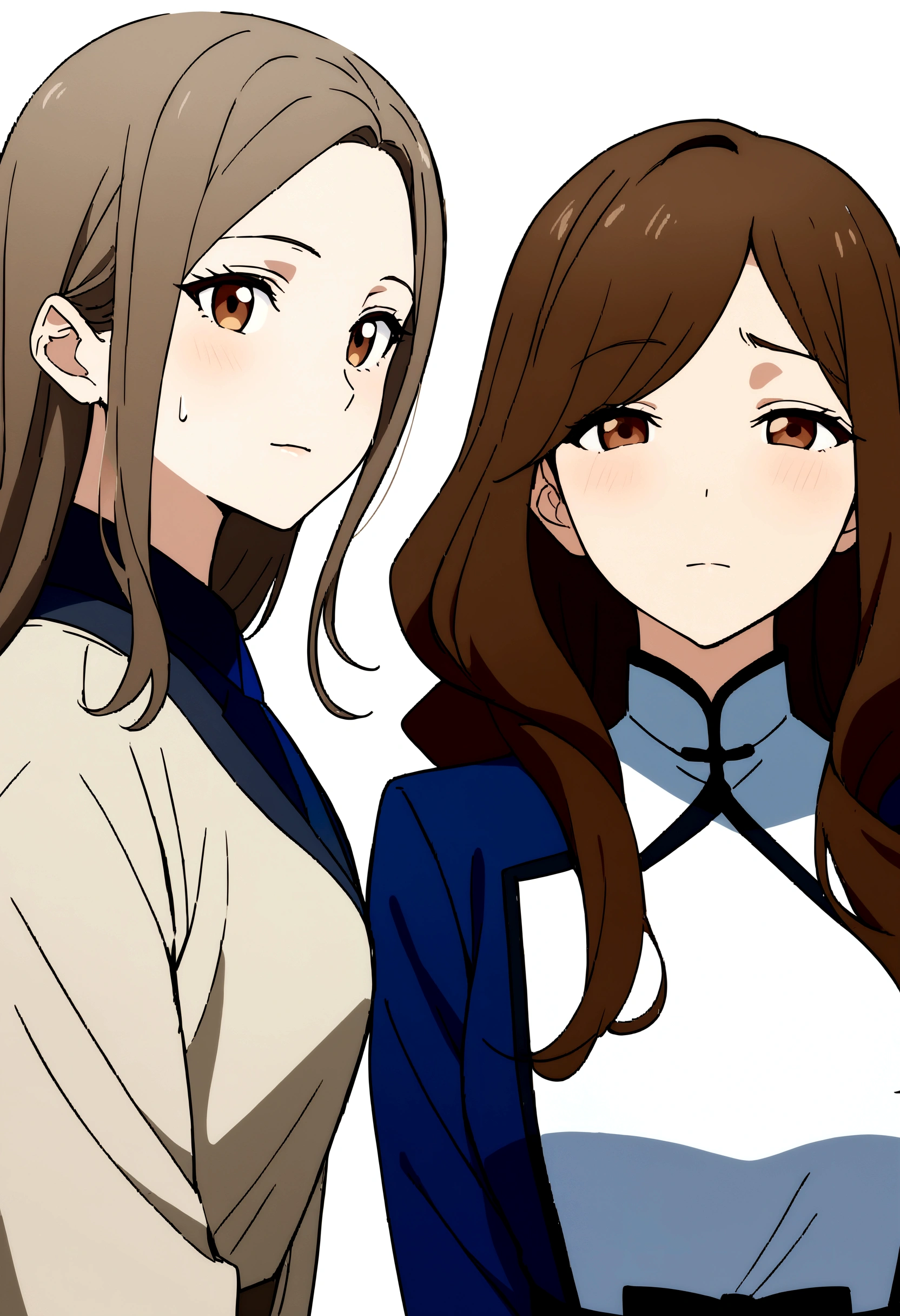 Masterpiece, Best quality, 1 Female, Mature Woman, Elder Sister, young girl, Royal Sister, brown eyes, long hair, smoky mix brown color hair, resolute eyes, white mix blue uniform, long white eardrop, Chinese mix morden, frontal photo, blank background, remove background, anime, illustration