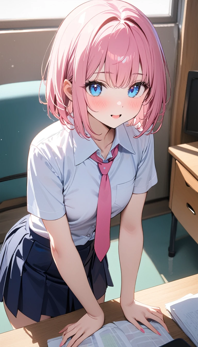 (1 girl),(Best Picture Quality, 8K, Masterpiece:1.3), (high school student:1.5), (pink lob hair), (bob cut), (slant skyblue eyes), ((school uniform, white short simple sleeve shirt, darkblue skirt, pink tie)), (super clear:1.5), (glistening skin:1.1),(pale skin:1.1),