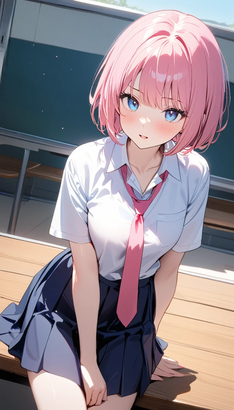 (1 girl),(Best Picture Quality, 8K, Masterpiece:1.3), (high school student:1.5), (pink lob hair), (bob cut), (slant skyblue eyes), ((school uniform, white short simple sleeve shirt, darkblue skirt, pink tie)), (super clear:1.5), (glistening skin:1.1),(pale skin:1.1),