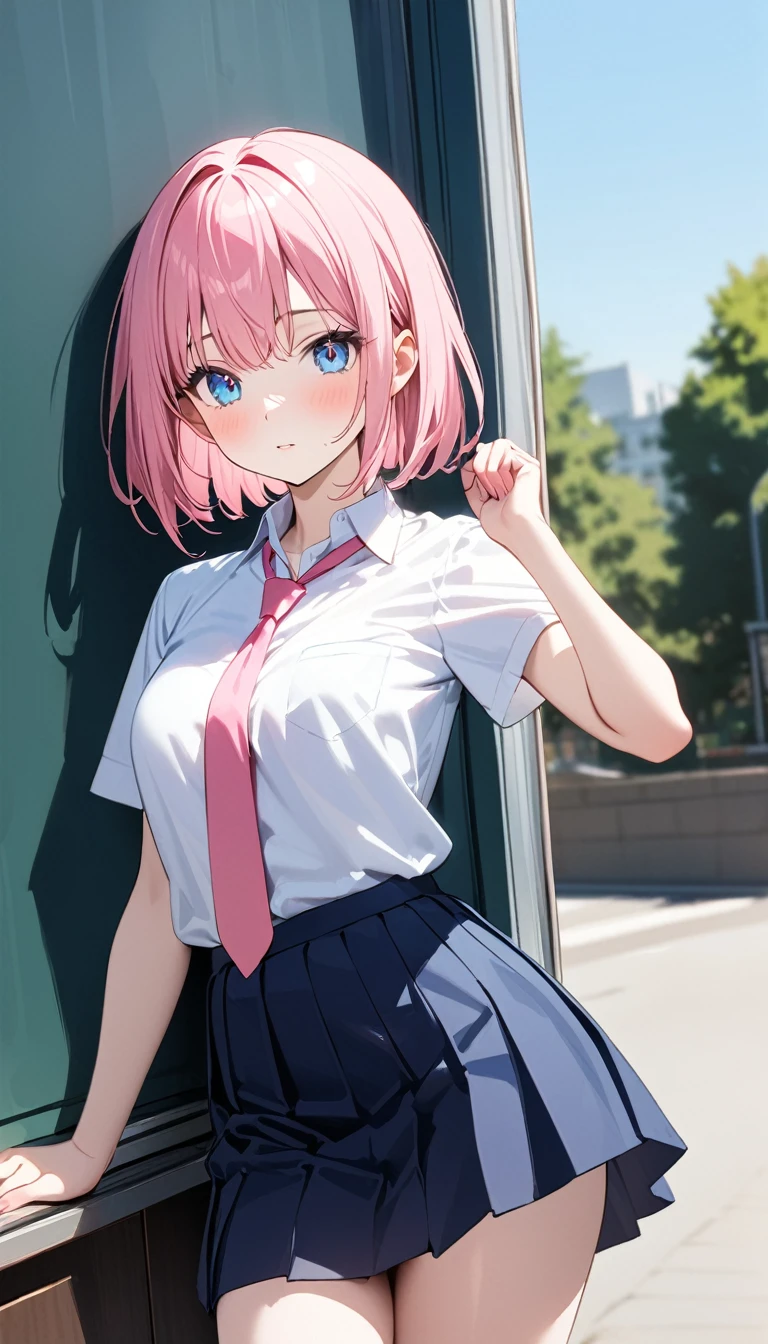 (1 girl),(Best Picture Quality, 8K, Masterpiece:1.3), (high school student:1.5), (pink lob hair), (bob cut), (slant skyblue eyes), ((school uniform, white short simple sleeve shirt, darkblue skirt, pink tie)), (super clear:1.5), (glistening skin:1.1),(pale skin:1.1),