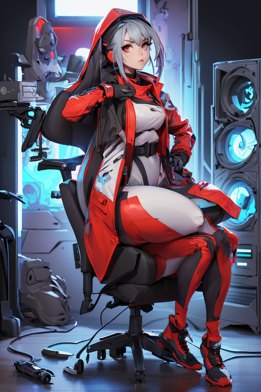 A (((Gaming Universe))) avatar for a (professional photography) display featuring a stunningly detailed (((video game theme))), with a (((beautiful gamer girl))) dressed in an advanced (((ammunition suit))), accessorized with a sleek (((pistol))) and confidently pointing it towards the viewer, against a (backdrop of a destroyed city) with a (detailed, perfect body) and (red eyes) that convey a sense of realism and advanced gameplay