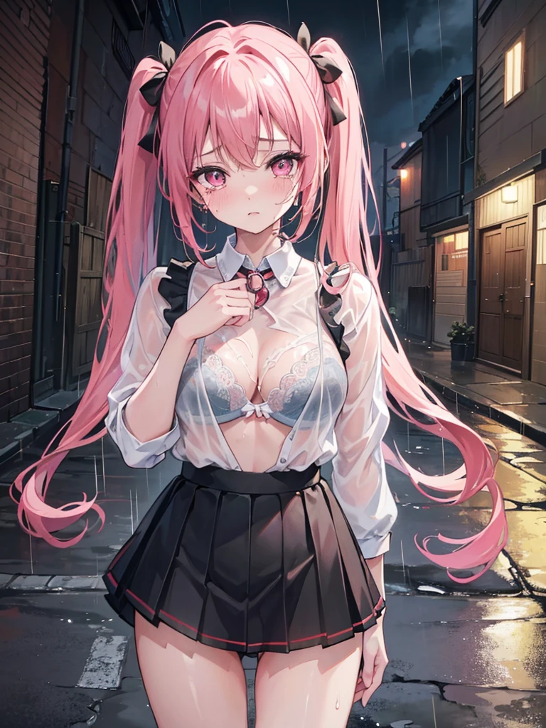 (8K、Top image quality、top-quality、​masterpiece)、A detailed face、1 girl in、A pink-haired、((twintails))、Pink eyes、piercings、cry、((is crying))、large full breasts、white  shirt、((Bra visible through clothes))、((wet clothes))、Black pleated skirt、((a miniskirt))、thighs、cowboy  shot、((POV))、((Rain shakes))、Wet asphalt、((Back alley background at night)), camel toe, กางเกงในสีขาว,