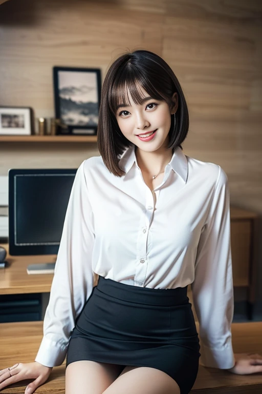 (A gorgeous Chinese office lady, age 28, wearing formal white shirt and black pencil mini-skirt, in her cosy home, friendly and kind expression, gentle smile, dimpled smile, cute snaggle-tooth, Korean Bob Haircut Side-Bangs-Sophistication, beautiful detailed face, bright_and_full_of_warmth_eyes, beautiful detailed eyes, ample round bosom, photorealistic, hyper-realism, high contrast, ultra HD, realistic skin textures, top image quality, top-quality, super high resolution, fine details, very meticulously, masterpiece, head to knees, the Cowboy shot, romantic atmosphere, bokeh background)