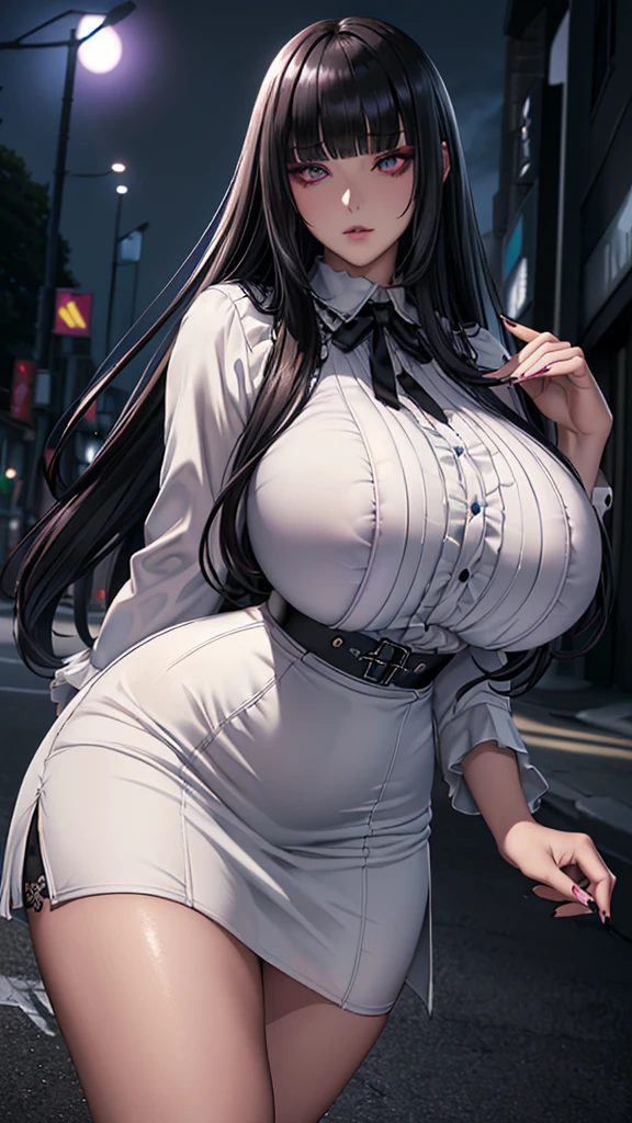 (in 16K、A high resolution、Best Quality、 masuter piece、unreal engine、amine、top-quality、From the thighs up:1.2),(Natural Skin Texture、Detailed skin、Beautiful skin、ultra sharpness),intricate detailes、Extraordinary beauty,(((gigantic breasts,voluptuous body、1 cute woman,20 to 25 years old,adult lady,Black nails,))),(an extremely cute and beautiful face:1.2),(((,big eyes,sharp eyes,eye bags,eyelash extension,pale skin,black hair,very long straight hair,jirai fashion,))),(独奏,blunt bangs,empty eyes,Expressionless,darkness,Dark atmosphere,streaked hair with violet,highlights hair:1.6)(black bolo tie,white dress shirt,Black high-waisted skirt:1.3),(Late Night,bustling street,dim:1.5),