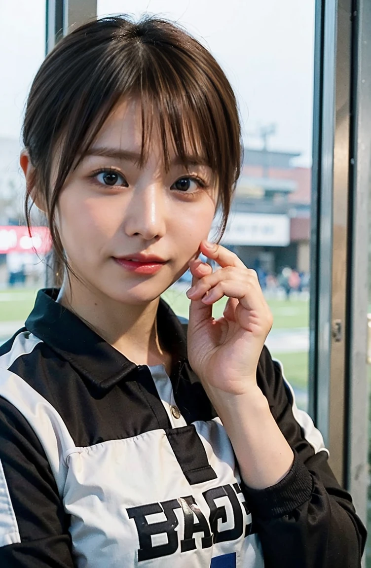Holding an official size soccer ball、Photo at the soccer field、Blue Football Uniform、Japan National Football Team、Big breasts that can be seen even on top of the uniform、Braid only the front hair（（On the pitch at the National Stadium:1.4））、Full body photo、smile、 Caustics、Highly detailed photos、Very beautiful ideal short hair、Large Breasts、Super no makeup、(8K、RAW Photos、Highest quality、masterpiece:1.2)、(Realistic、Realistic)、1 Girl、((Medium Short Hair、Looking into the camera:1.4))、
