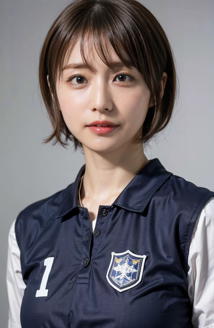 Holding an official size soccer ball、Photo at the soccer field、Blue Football Uniform、Japan National Football Team、Big breasts that can be seen even on top of the uniform、Braid only the front hair（（On the pitch at the National Stadium:1.4））、Full body photo、smile、 Caustics、Highly detailed photos、Very beautiful ideal short hair、Large Breasts、Super no makeup、(8K、RAW Photos、Highest quality、masterpiece:1.2)、(Realistic、Realistic)、1 Girl、((Medium Short Hair、Looking into the camera:1.4))、

