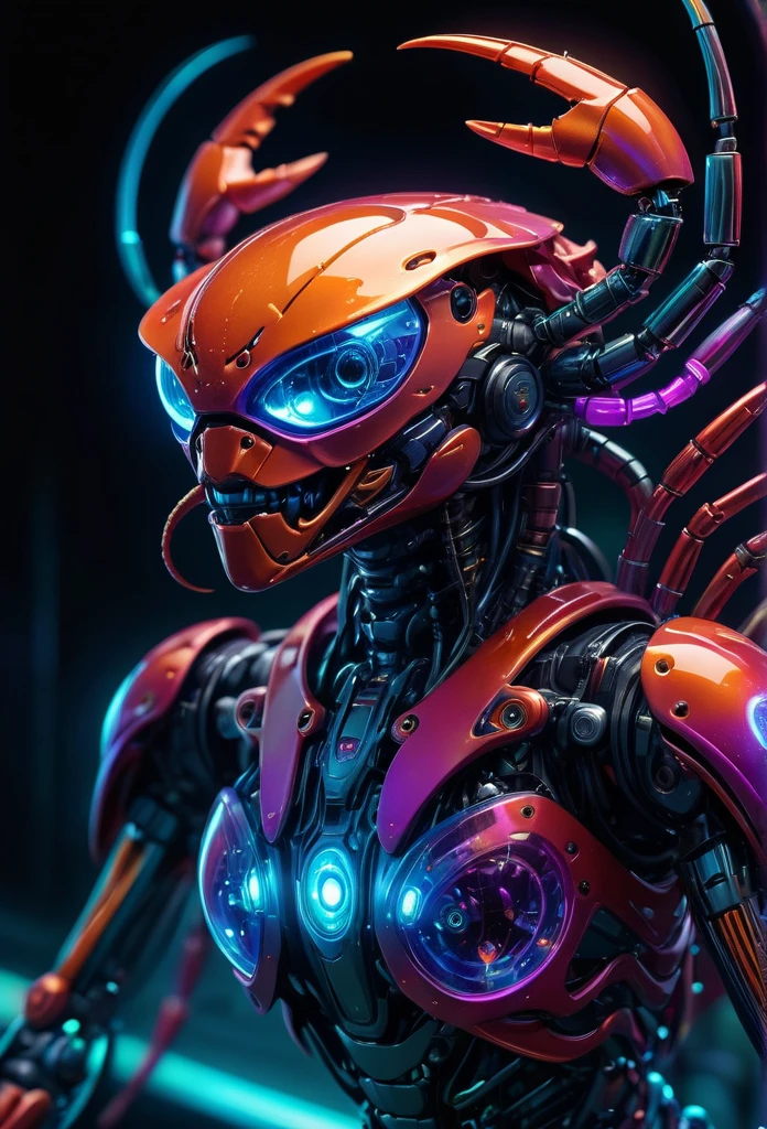 bioMechanical style Ultra detailed illustrations, phantom magical creature, (Translucent skin: 1.5), (translucent body: 1.5) The Art of Ms Schiff, neon lights, light particles, color, cmyk color, backlight, cyberpunk, close up, Mechanical, (whole body: 1.9), dark background, View from top to bottom. blend of organic and Mechanical elements, futuristic, cybernetic, detailed, complex,Selective focus, Miniature effects, blurred background, highly detailed, Energetic, View control,(Rich color:1.6),Crab